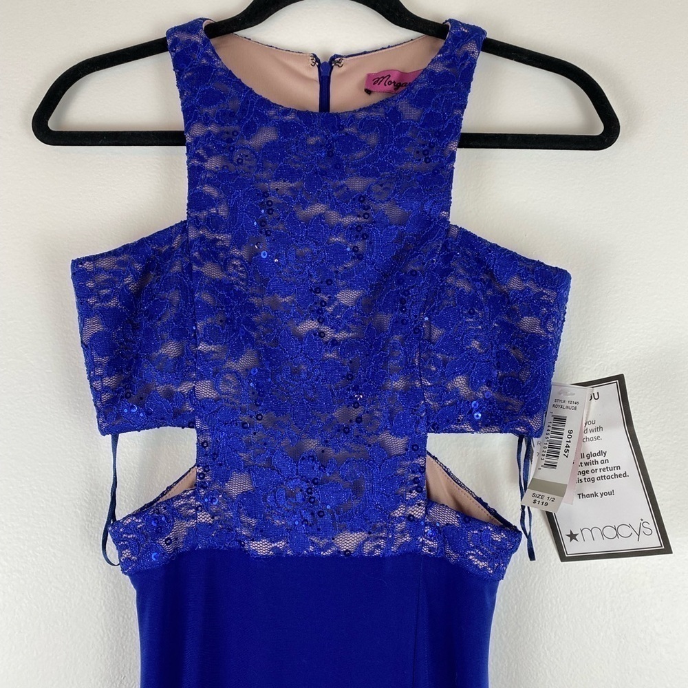 Morgan & Co Macy's Prom Dress Cobalt Blue Lace Cutout Sleeveless Size 1/2 W Slit
